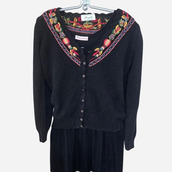 Sweaters - womens black knit cardigan with‎ floral design  MEDIUM